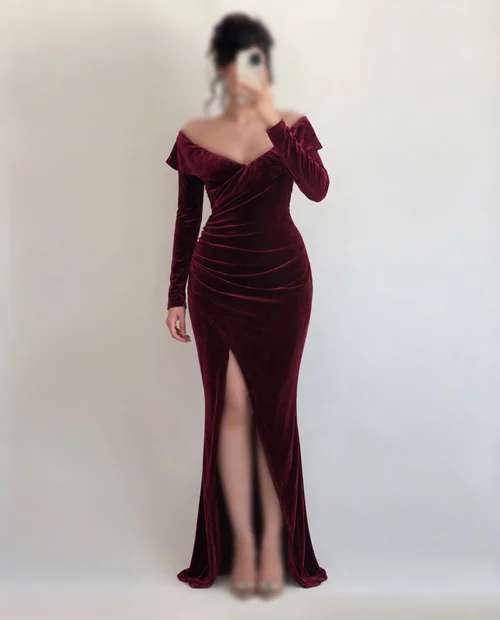 پیراهن مخمل زرشکی یقه قایقی