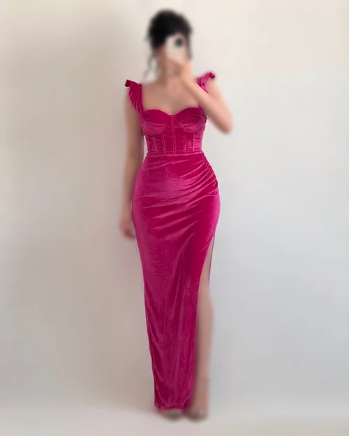 پیراهن مخمل کاپدار سرخابی
